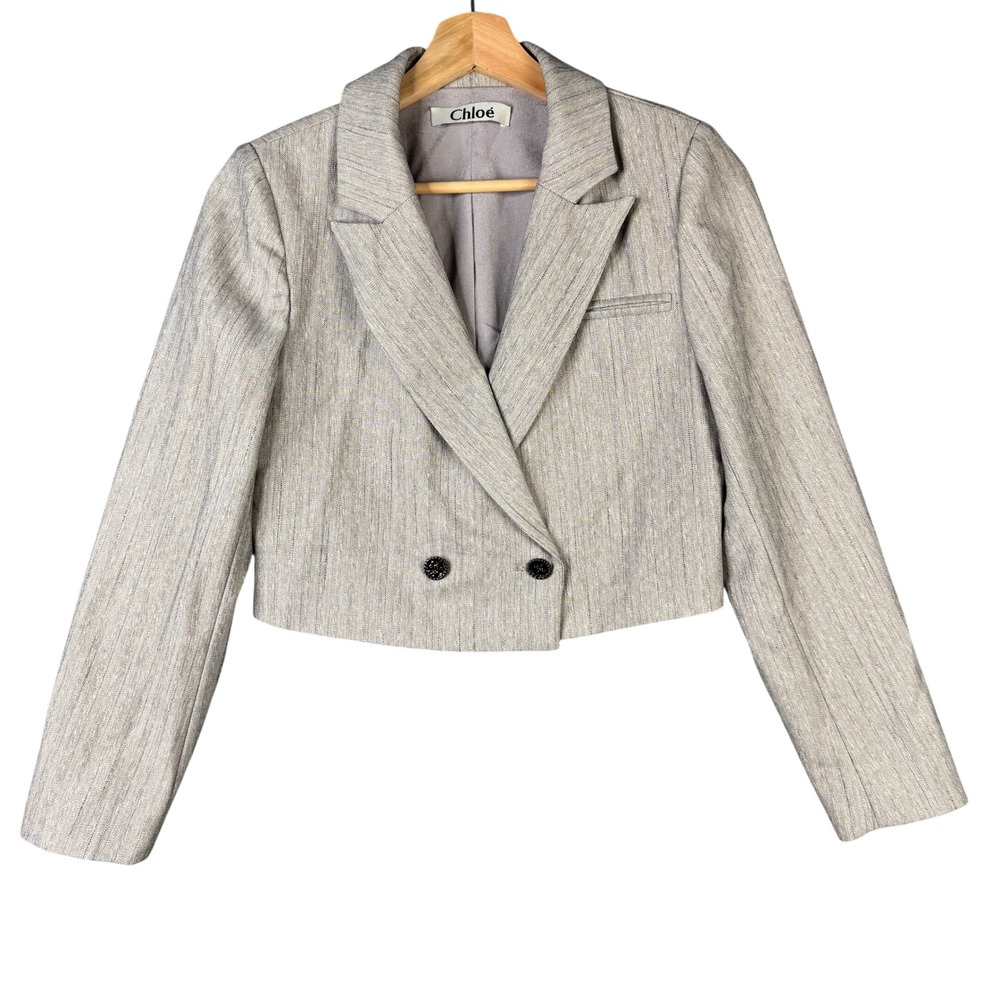Chloe Gray Herringbone Cropped Double Breasted Blazer Jacket Size S Italy